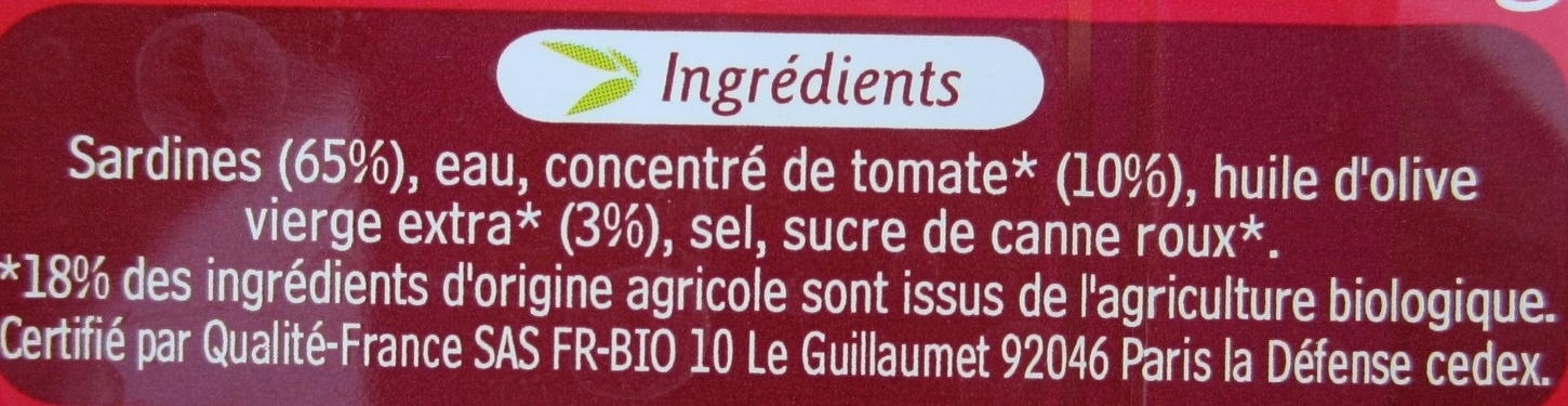 Sardines sauce tomate à l'huile d'olive vierge extra bio - 原材料 - fr