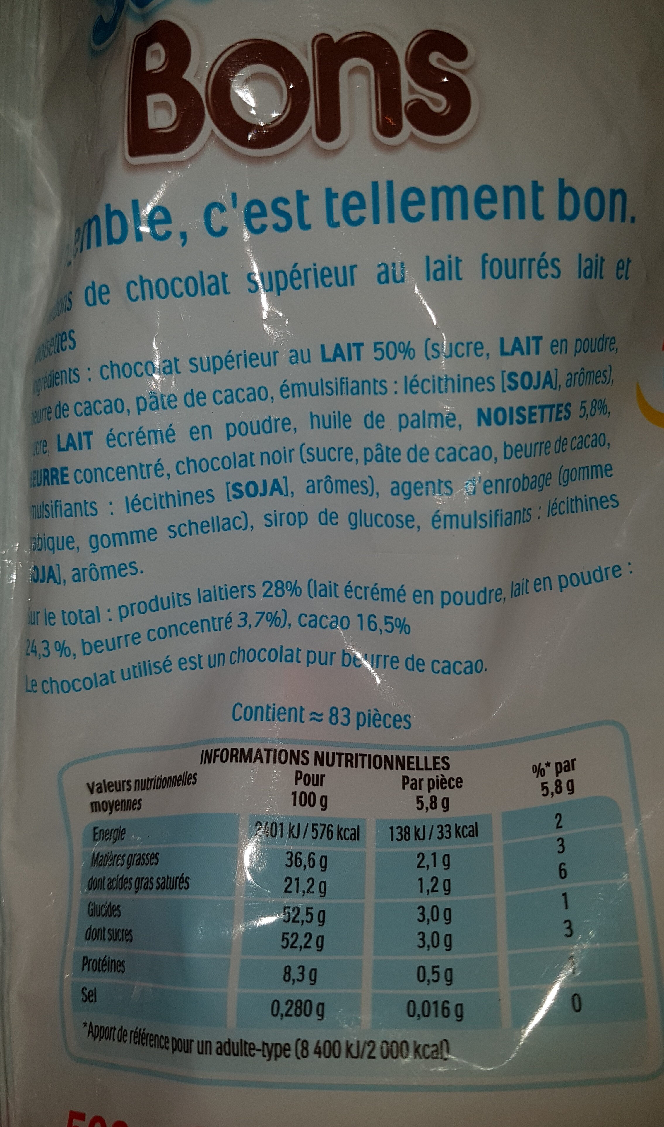 Bonbons Kinder Schokobons Chocolat au Lait - 500g - 原材料 - fr